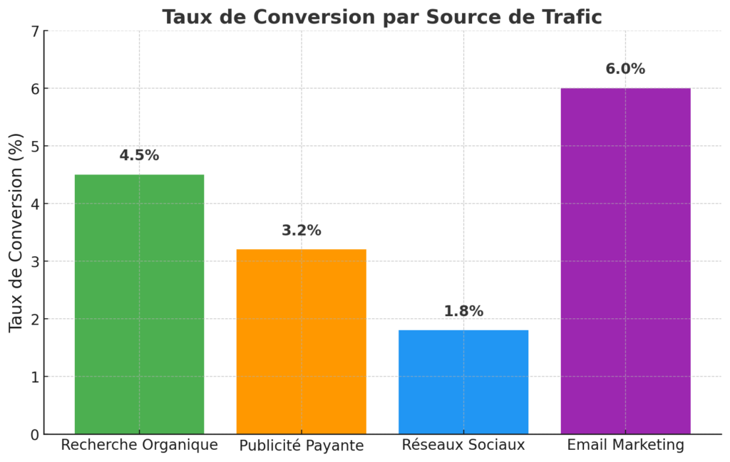 Taux de conversion e commerce : graphique comparatif illustrant le taux de conversion pour différents canaux de trafic